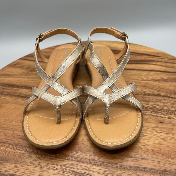 Born Sandals Womens 8 M Gold Leather Strappy Slingback Comfort Casual Wedge - Picture 2 of 8